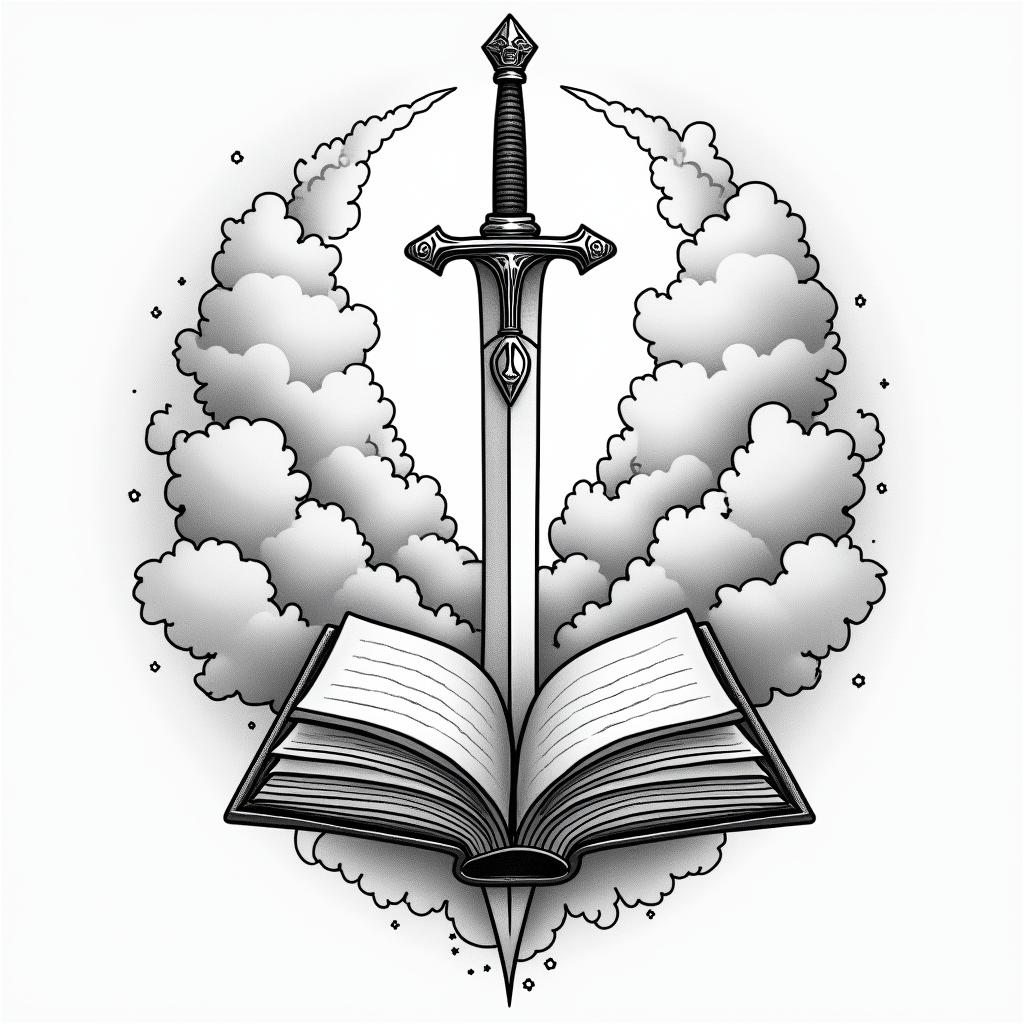 Clouds sunshine book sword flower heavenin japanese style tattoo, detailed tattoo, traditional japanese culture tattoo, mythology, 8k - Variation 3