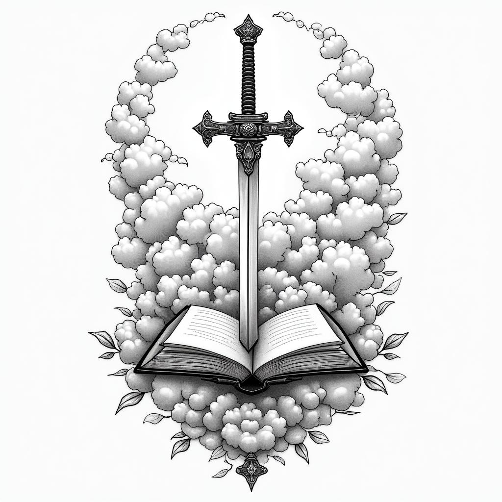 Clouds sunshine book sword flower heavenin japanese style tattoo, detailed tattoo, traditional japanese culture tattoo, mythology, 8k - Variation 4