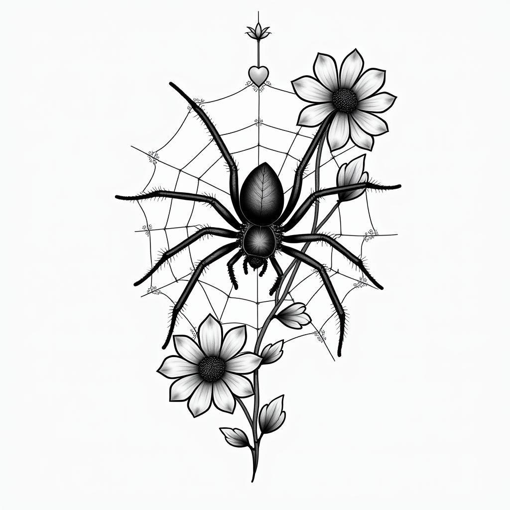 Spider on a web surrounded by flowers with stemin Modest style tattoo, featuring soft, delicate line work with simple and meaningful symbols, gentle waves, a heart, evoking a sense of serenity and grace, - Variation 2