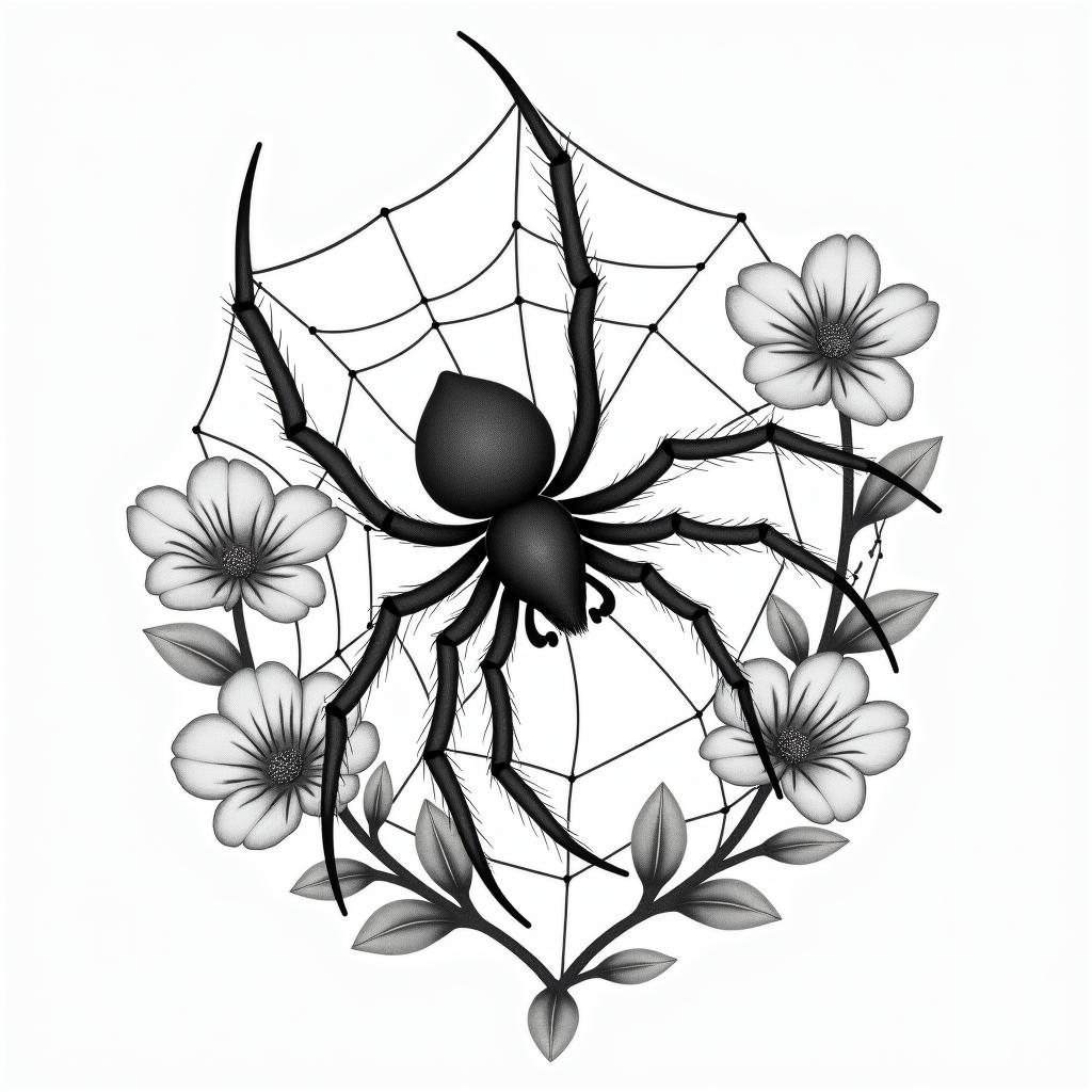 Spider on a web surrounded by flowers with stemin Modest style tattoo, featuring soft, delicate line work with simple and meaningful symbols, gentle waves, a heart, evoking a sense of serenity and grace, - Variation 4