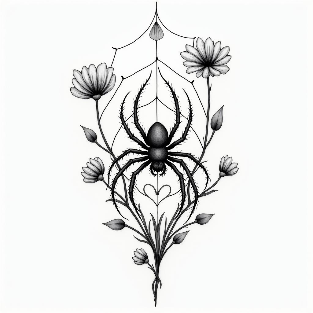 Spider on a web surrounded by flowers with stemin Modest style tattoo, featuring soft, delicate line work with simple and meaningful symbols, gentle waves, a heart, evoking a sense of serenity and grace, - Variation 3