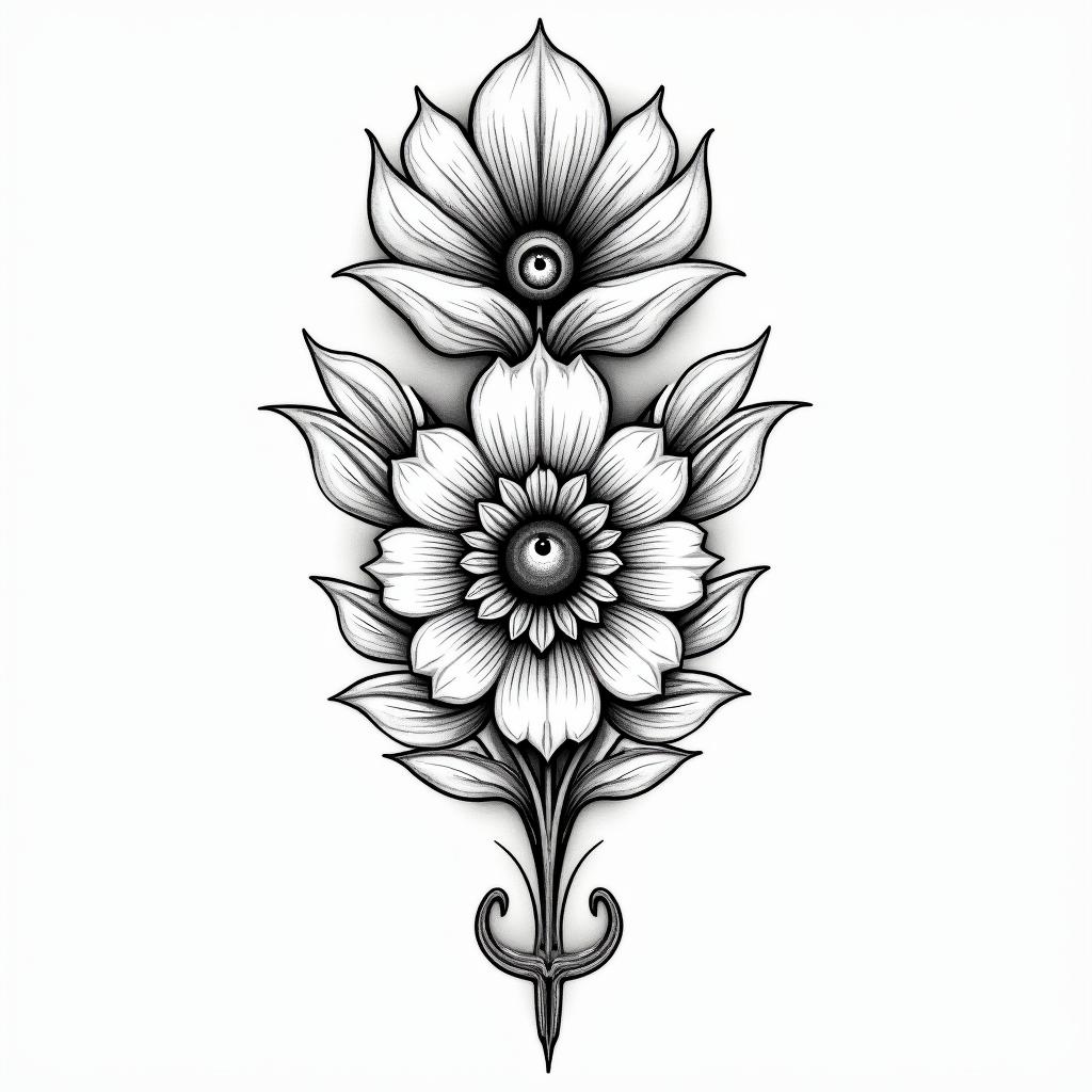 Flowersin spiritual symbols tattoo style, featuring an intricate design incorporating elements, Hamsa hand, third eye, minimalist composition - Variation 4
