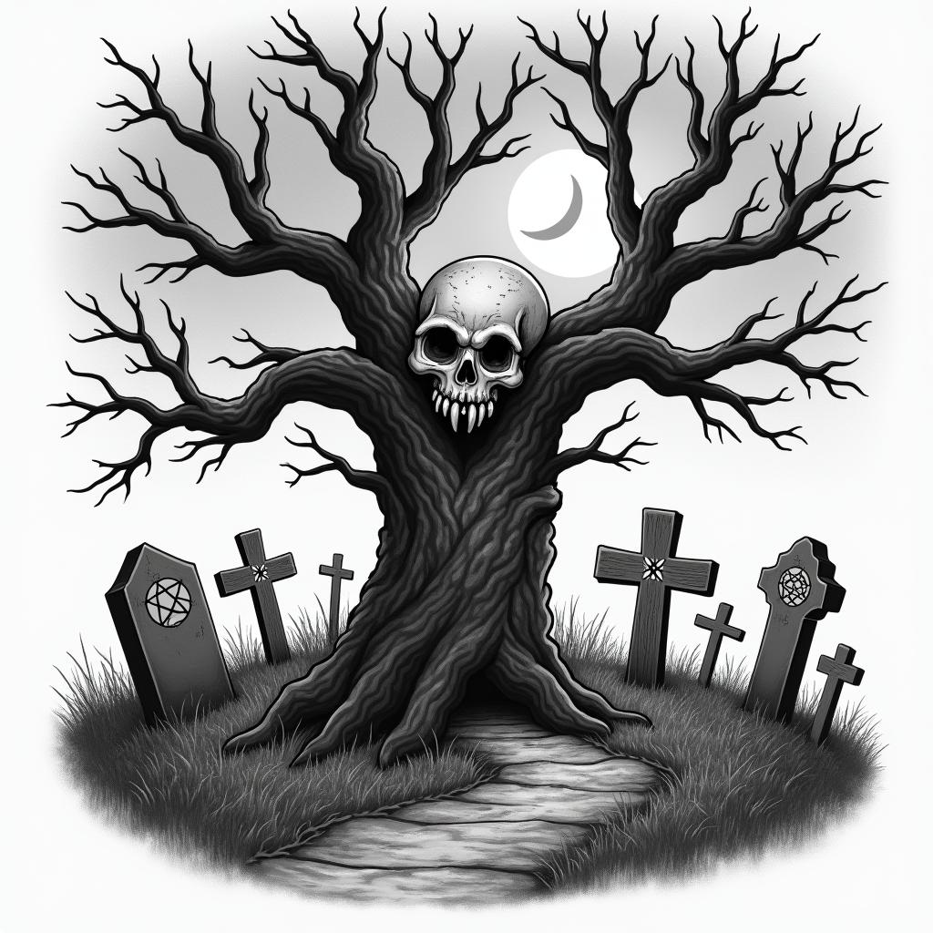 Tree with wooden cross attached surrounded by a graveyard at night with the moon out and several different gravestone and a walkwaycreepy horror tattoo style, featuring an eerie and unsettling skull of a demonic creature, distorted face with sharp fangs, add pentagram symbol