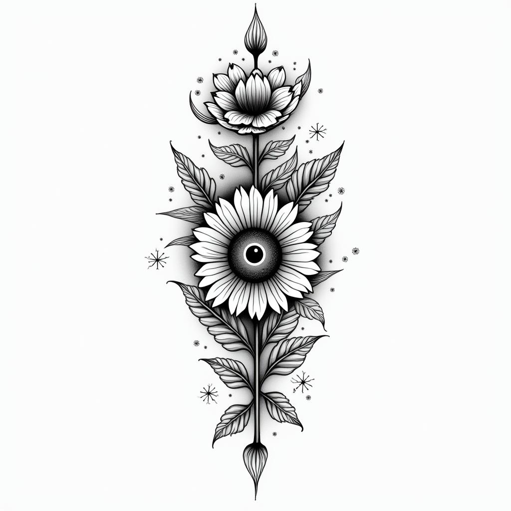 Flowersin spiritual symbols tattoo style, featuring an intricate design incorporating elements, Hamsa hand, third eye, minimalist composition - Variation 3