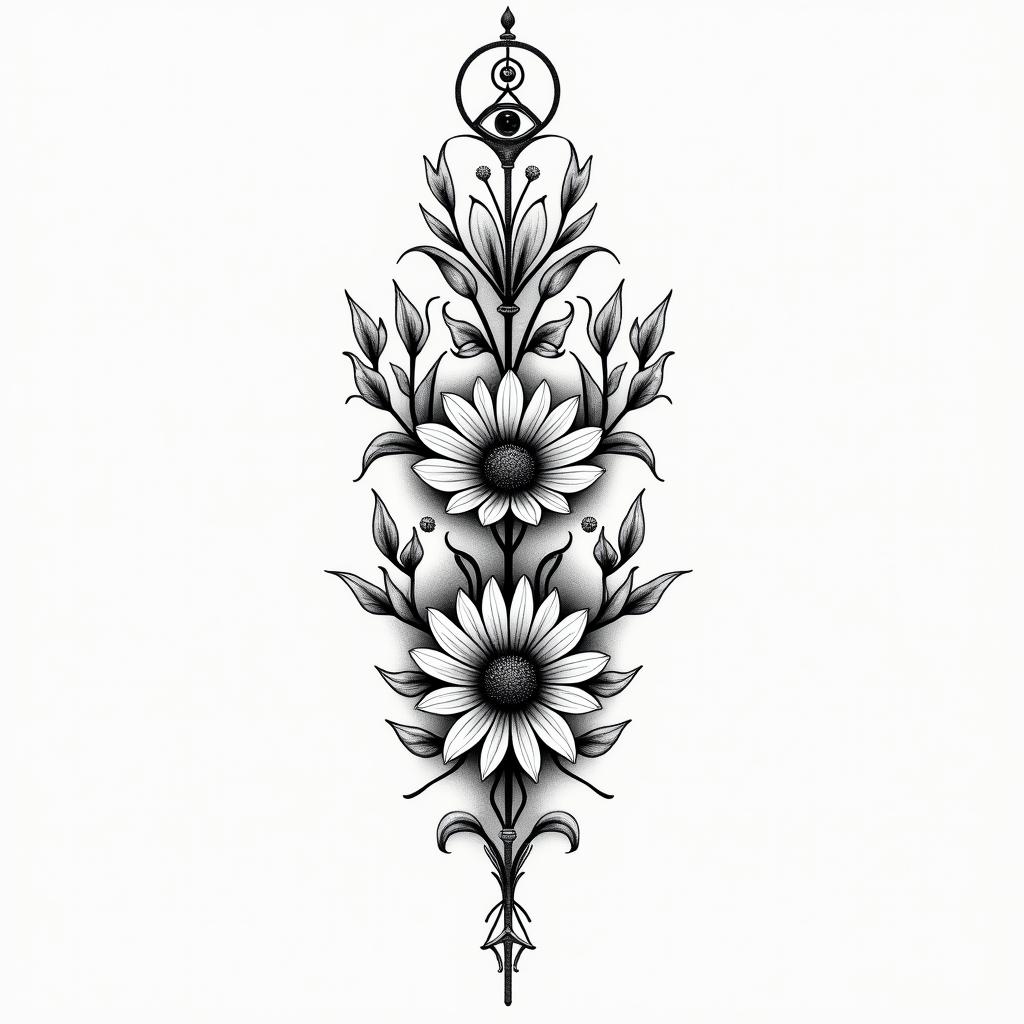 Flowersin spiritual symbols tattoo style, featuring an intricate design incorporating elements, Hamsa hand, third eye, minimalist composition - Variation 1