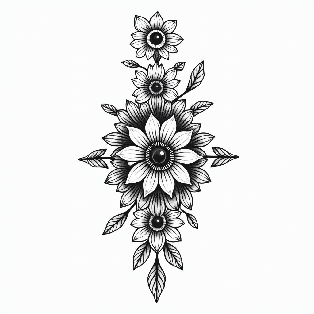 Flowersin spiritual symbols tattoo style, featuring an intricate design incorporating elements, Hamsa hand, third eye, minimalist composition - Variation 2