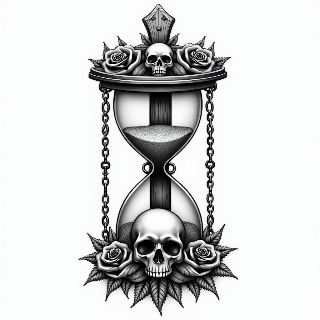 Hourglass with sand and skullsin chicano style tattoo, featuring intricate black and grey shading, bold elements of traditional chicano culture symbols, add a big cross with skull, chains and roses - Variation 11