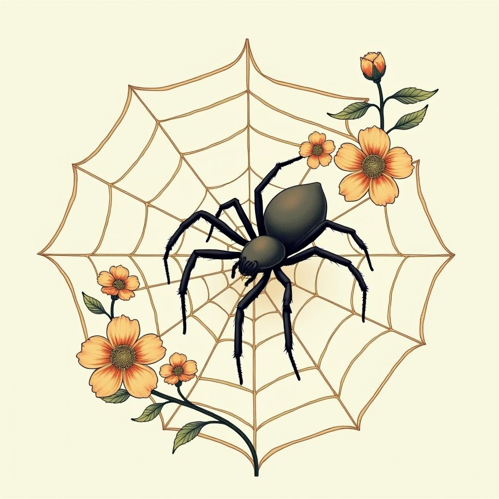 Spider on a web surrounded by flowers with stemGhibli, Studio Ghibli aesthetic, hand-drawn anime style, retro nostalgic atmosphere, retro soft pastel color palette with earthy tones, retro Japanese cinematic shot, yellow tint effect, bald character, smooth surface, anime shadow 90's anime style - Variation 4