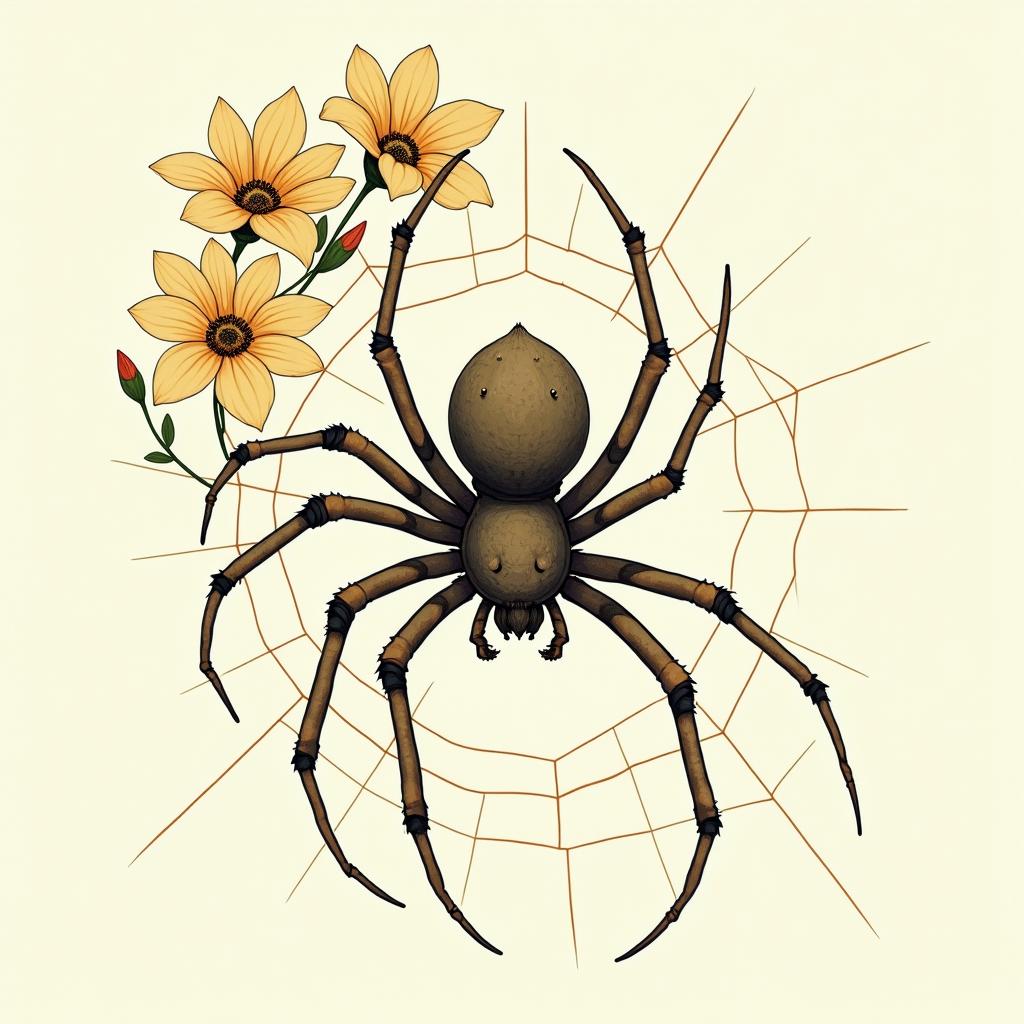 Spider on a web surrounded by flowers with stemGhibli, Studio Ghibli aesthetic, hand-drawn anime style, retro nostalgic atmosphere, retro soft pastel color palette with earthy tones, retro Japanese cinematic shot, yellow tint effect, bald character, smooth surface, anime shadow 90's anime style - Variation 2