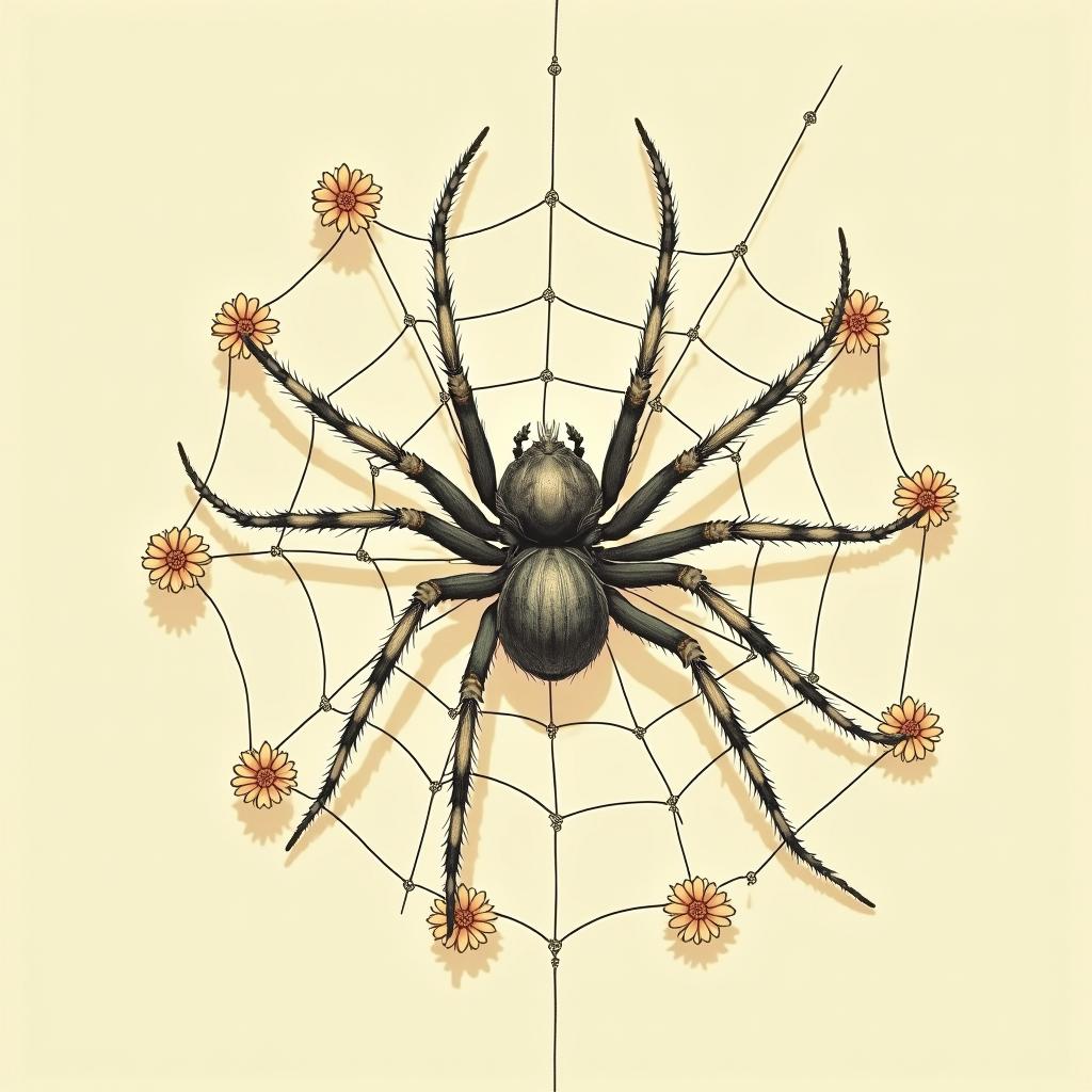 Spider on a web surrounded by flowers with stemGhibli, Studio Ghibli aesthetic, hand-drawn anime style, retro nostalgic atmosphere, retro soft pastel color palette with earthy tones, retro Japanese cinematic shot, yellow tint effect, bald character, smooth surface, anime shadow 90's anime style