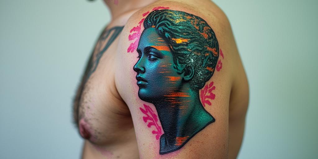 James brian Deguit,June 5, 1987,Gemini..year of the rabbit..in distorted and fragmented tattoo design, featuring a classical statue bust, in a glitch art style with vibrant, overlapping colors of cyan, magenta, and yellow, creating a digital distortion effect - Variation 4