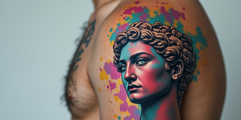James brian Deguit,June 5, 1987,Gemini..year of the rabbit..in distorted and fragmented tattoo design, featuring a classical statue bust, in a glitch art style with vibrant, overlapping colors of cyan, magenta, and yellow, creating a digital distortion effect