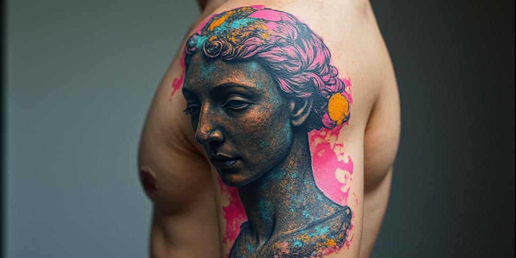 James brian Deguit,June 5, 1987,Gemini..year of the rabbit..in distorted and fragmented tattoo design, featuring a classical statue bust, in a glitch art style with vibrant, overlapping colors of cyan, magenta, and yellow, creating a digital distortion effect - Variation 2
