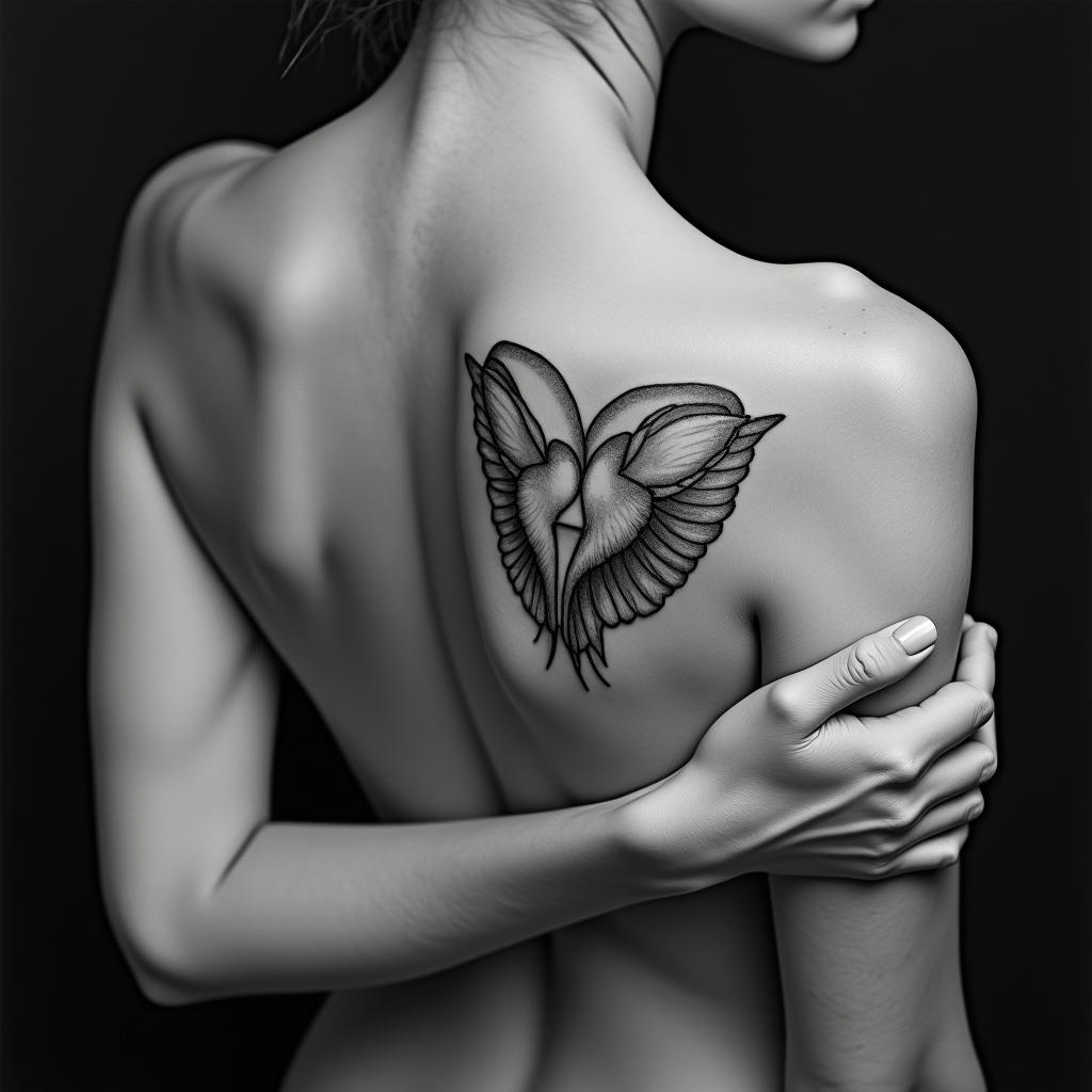 Five babies birds on a hearthigly detailed tattoo - Variation 27