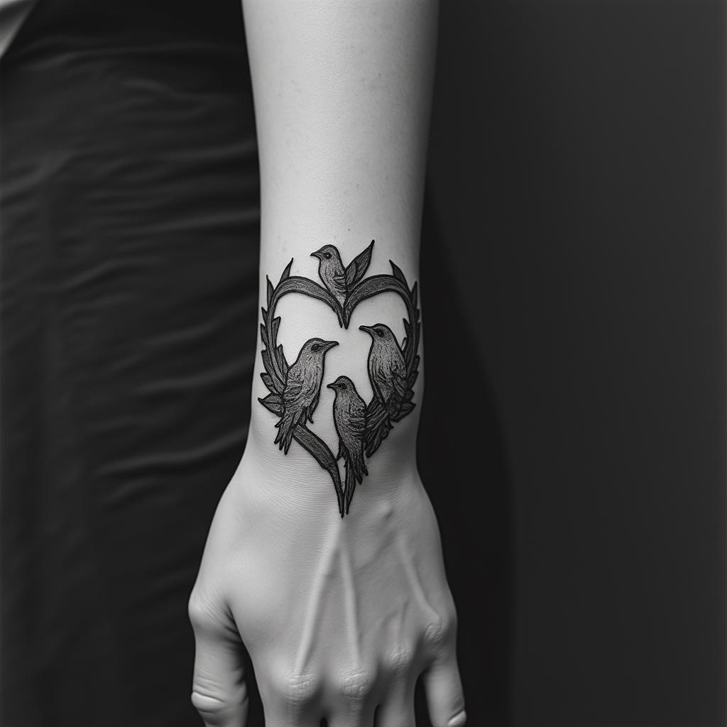 Five babies birds on a hearthigly detailed tattoo - Variation 25