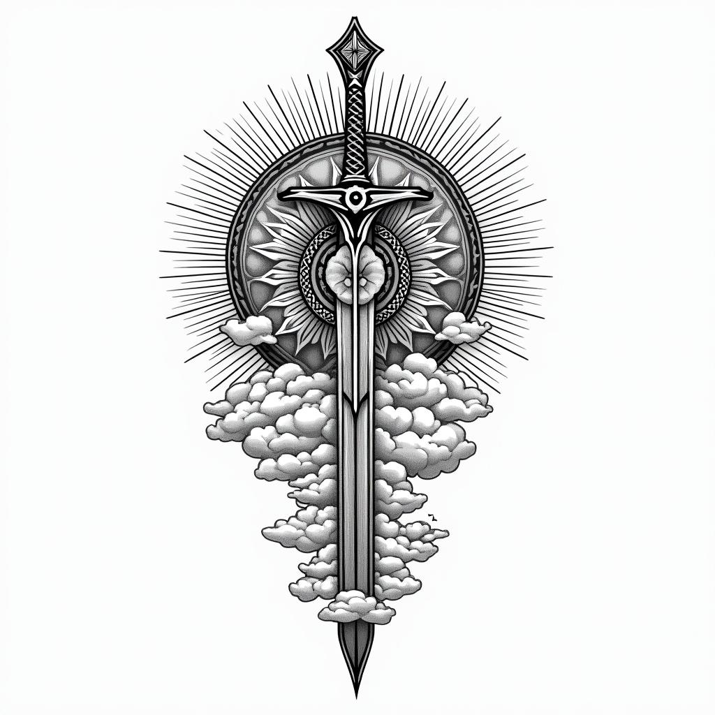 Clouds sunshine book sword flower heavenin dotwork style tattoo, complex mandala patterns, interlocking geometric shapes with sharp symmetry, clean lines, sharp angles - Variation 3