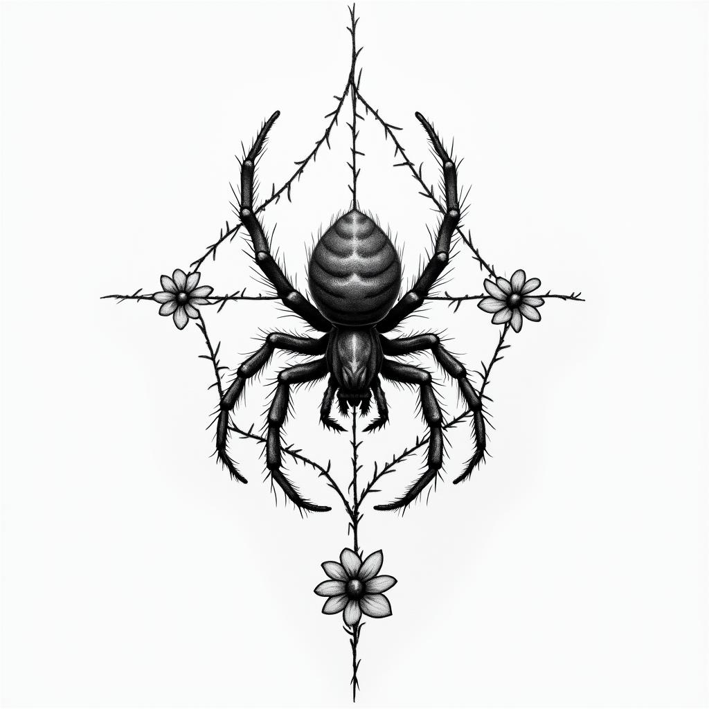 Small spider on web with flowers with stemhigly detailed tattoo - Variation 14