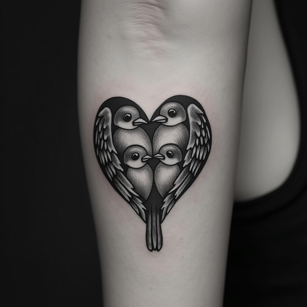 Five babies birds on a hearthigly detailed tattoo - Variation 22