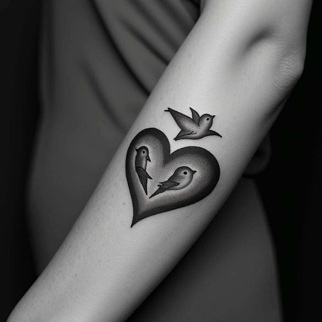 Five babies birds on a hearthigly detailed tattoo - Variation 21