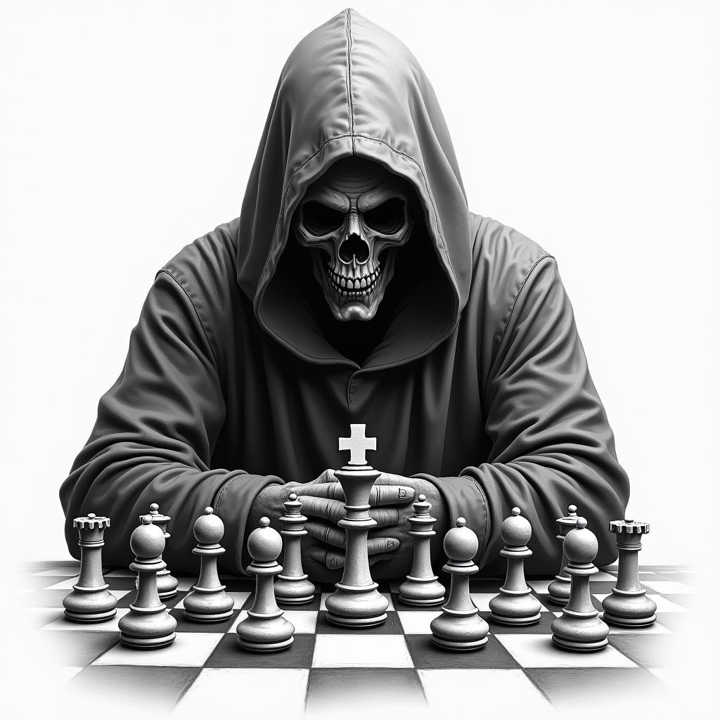Grim reaper making moves on the chess board of life moving his pawns who work for the king and queenin realism tattoo style, featuring a highly detailed, lifelike, capturing every detail, photorealistic, ultra realistic, intricate shading, smooth and sharp,   - Variation 4