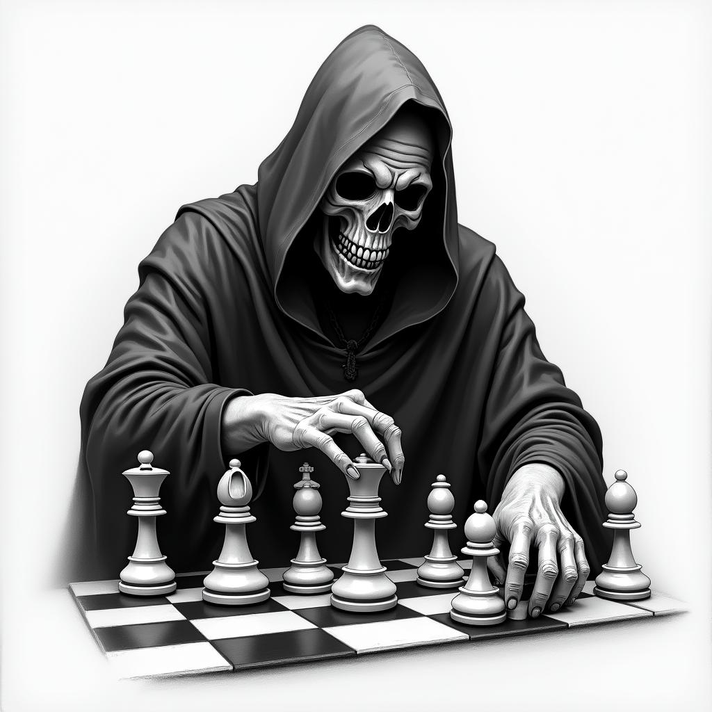 Grim reaper making moves on the chess board of life moving his pawns who work for the king and queenin realism tattoo style, featuring a highly detailed, lifelike, capturing every detail, photorealistic, ultra realistic, intricate shading, smooth and sharp,   - Variation 3