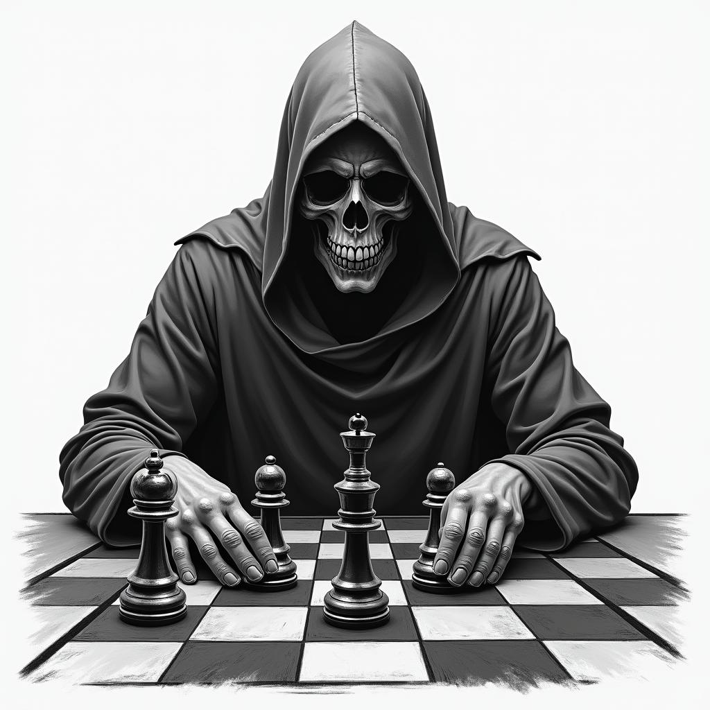 Grim reaper making moves on the chess board of life moving his pawns who work for the king and queenin realism tattoo style, featuring a highly detailed, lifelike, capturing every detail, photorealistic, ultra realistic, intricate shading, smooth and sharp,   - Variation 2