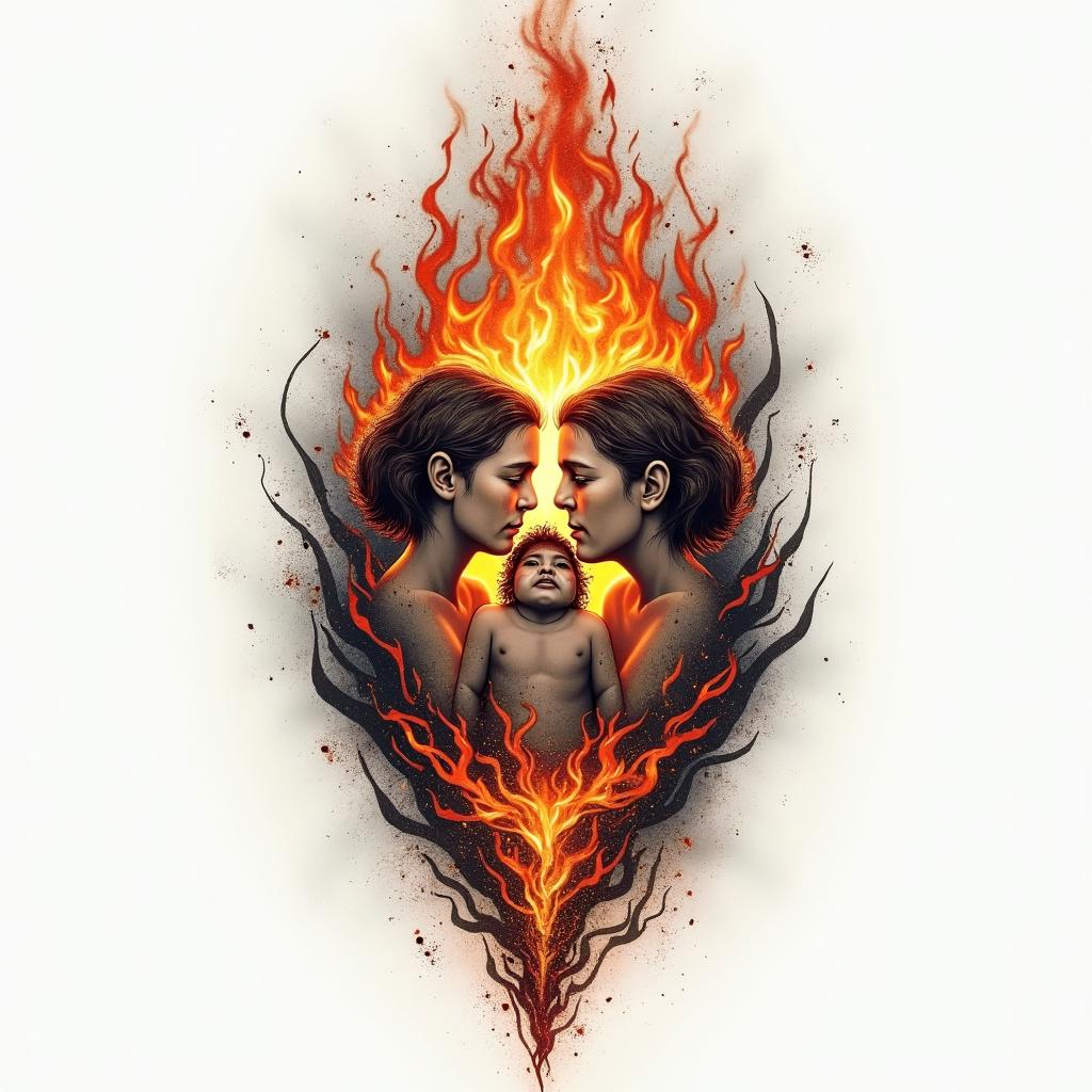 Family over everythingin flame tattoo style showcasing fiery elements with dynamic flame patterns, glowing effect of flames, natural colors