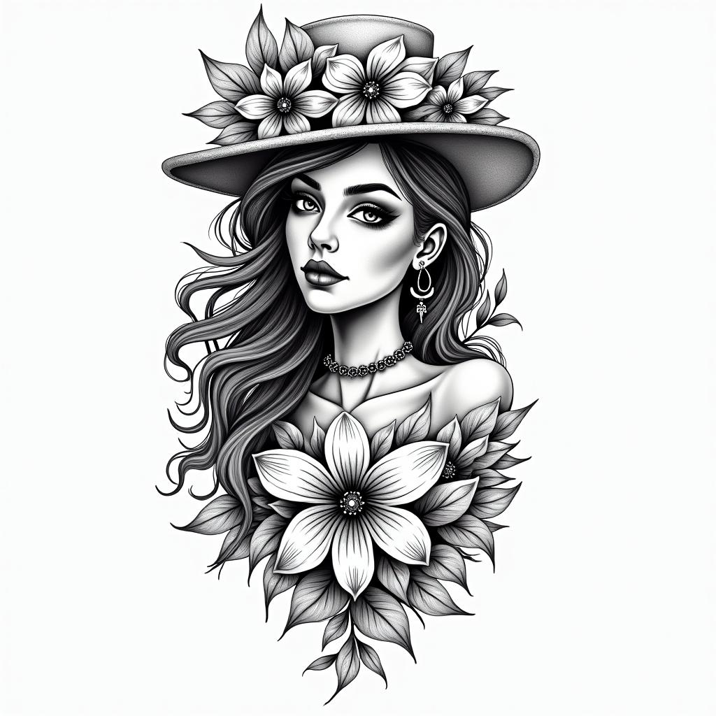 Hawaiian island romance biker girlin ornamental tattoo style, featuring intricate symmetrical patterns and floral designs, showcasing highly detailed line work and geometric shapes, creating a sense of elegance and balance - Variation 4