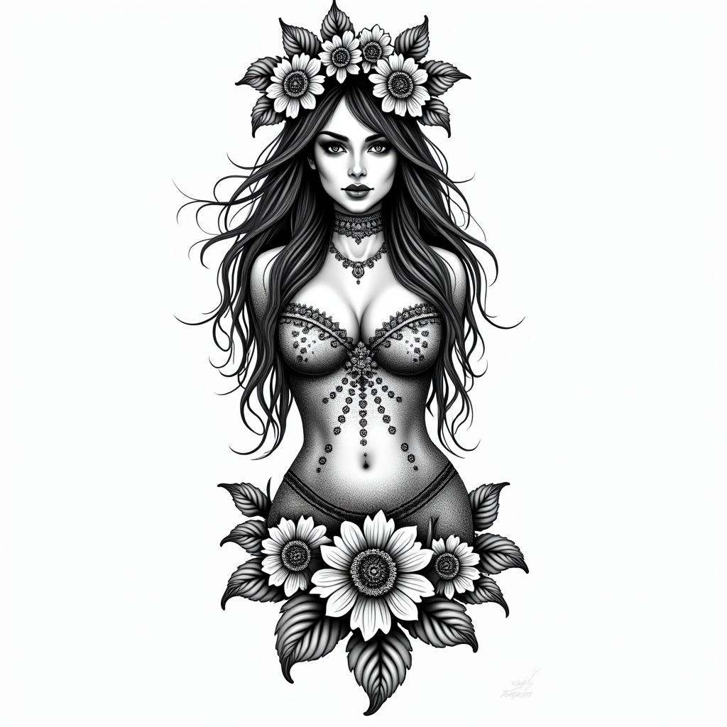 Hawaiian island romance biker girlin ornamental tattoo style, featuring intricate symmetrical patterns and floral designs, showcasing highly detailed line work and geometric shapes, creating a sense of elegance and balance - Variation 2