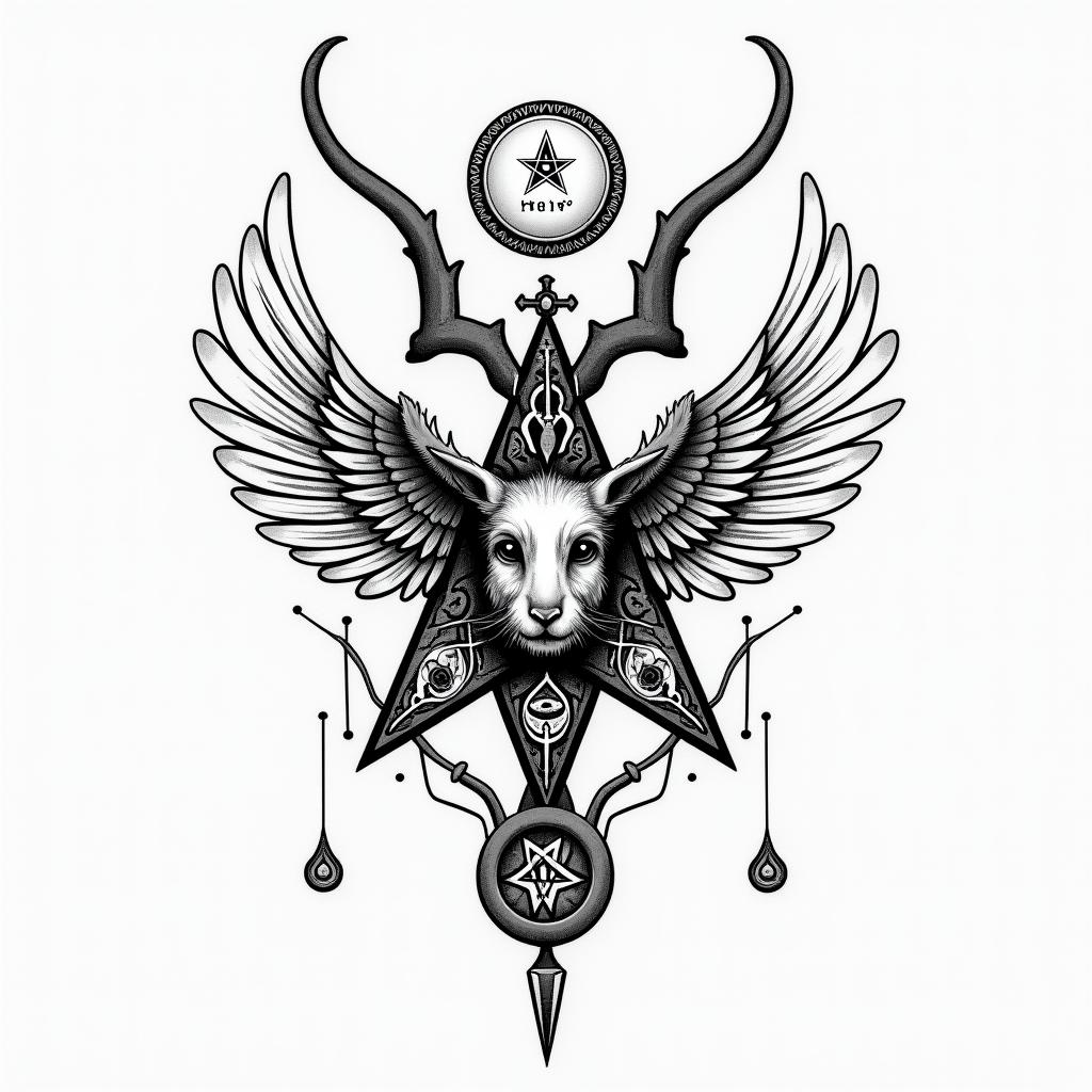 Year of the rabitin paganic style tattoo, featuring ancient symbols, add vegvisir symbol, mystical figures, incorporating designs, pentagrams, runes, crescent moons, - Variation 3