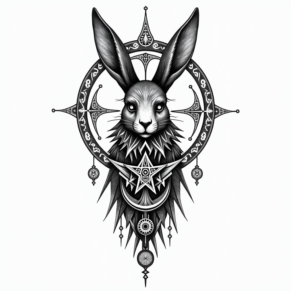 Year of the rabitin paganic style tattoo, featuring ancient symbols, add vegvisir symbol, mystical figures, incorporating designs, pentagrams, runes, crescent moons,