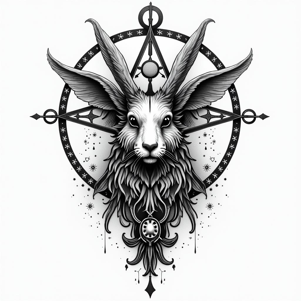 Year of the rabitin paganic style tattoo, featuring ancient symbols, add vegvisir symbol, mystical figures, incorporating designs, pentagrams, runes, crescent moons, - Variation 4