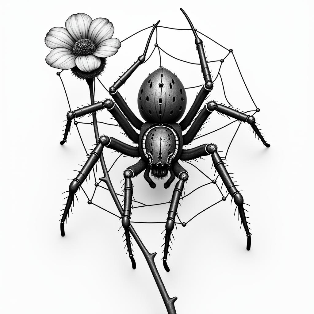 Small spider on web with flowers with stemtattoo in biomechanic style, the tattoo covered by robotic elements of futuristic cyberpunk design, robotic features detail, showcasing intricate mechanical components - Variation 4