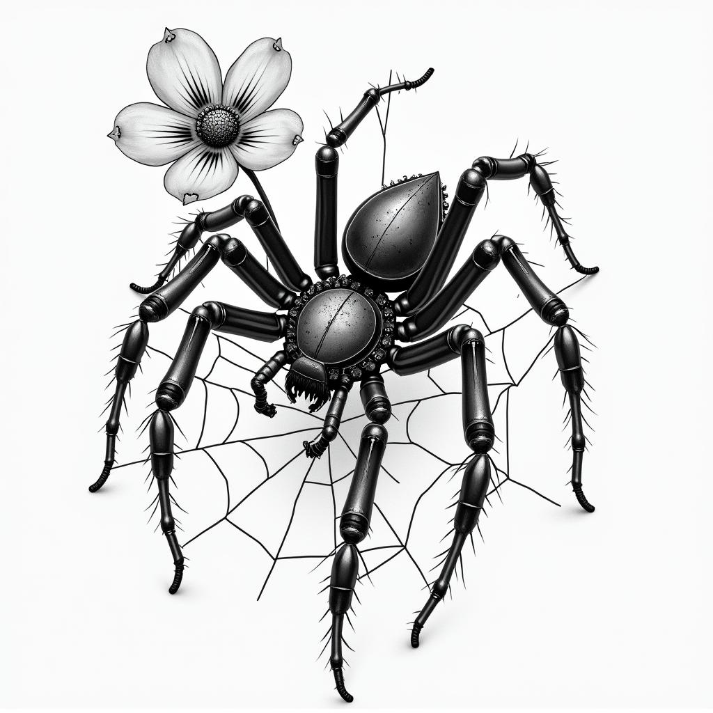 Small spider on web with flowers with stemtattoo in biomechanic style, the tattoo covered by robotic elements of futuristic cyberpunk design, robotic features detail, showcasing intricate mechanical components - Variation 3