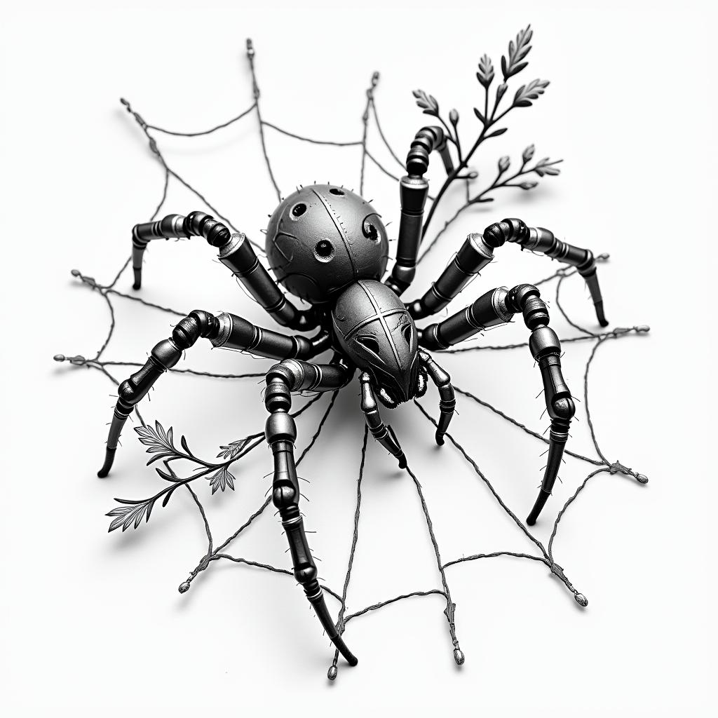 Small spider on web with flowers with stemtattoo in biomechanic style, the tattoo covered by robotic elements of futuristic cyberpunk design, robotic features detail, showcasing intricate mechanical components - Variation 2