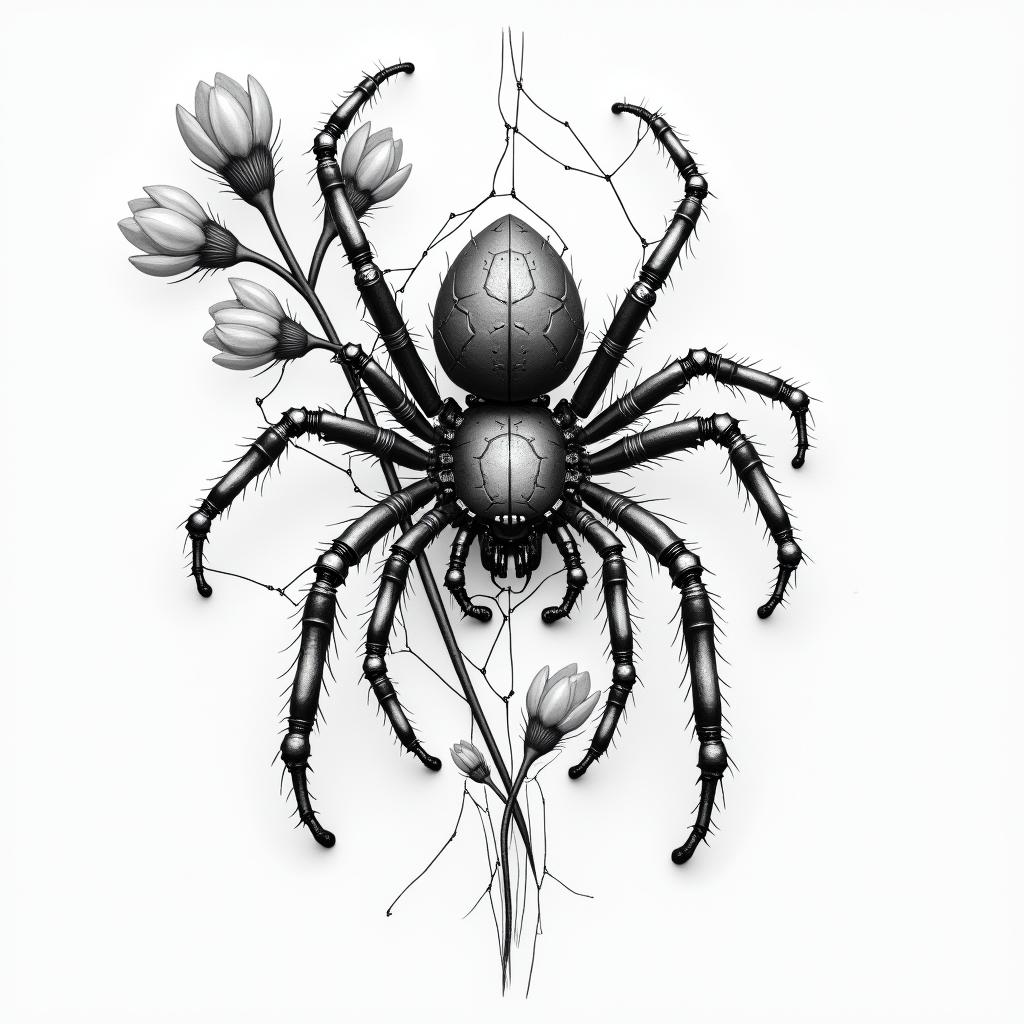 Small spider on web with flowers with stemtattoo in biomechanic style, the tattoo covered by robotic elements of futuristic cyberpunk design, robotic features detail, showcasing intricate mechanical components