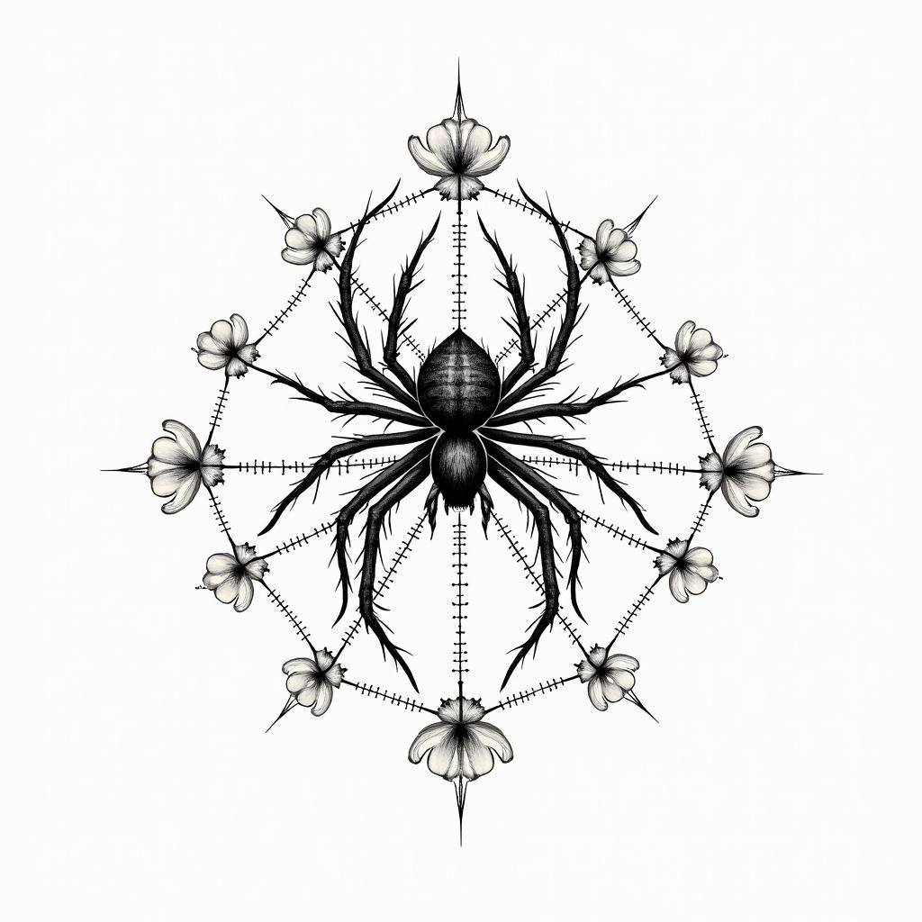 Small spider on web with flowers with stemin dotwork style tattoo, complex mandala patterns, interlocking geometric shapes with sharp symmetry, clean lines, sharp angles - Variation 17