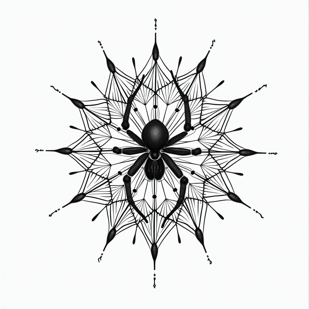 Small spider on web with flowers with stemin dotwork style tattoo, complex mandala patterns, interlocking geometric shapes with sharp symmetry, clean lines, sharp angles - Variation 18
