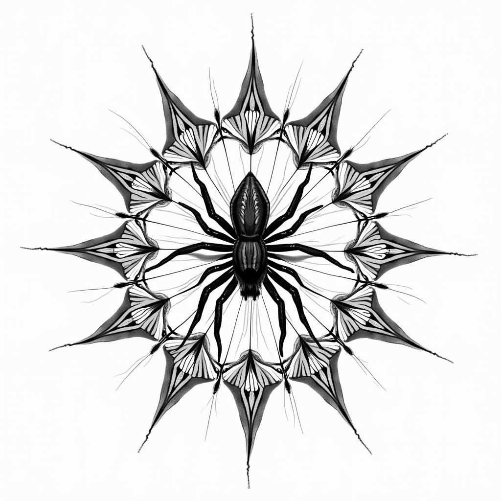 Small spider on web with flowers with stemin dotwork style tattoo, complex mandala patterns, interlocking geometric shapes with sharp symmetry, clean lines, sharp angles - Variation 20