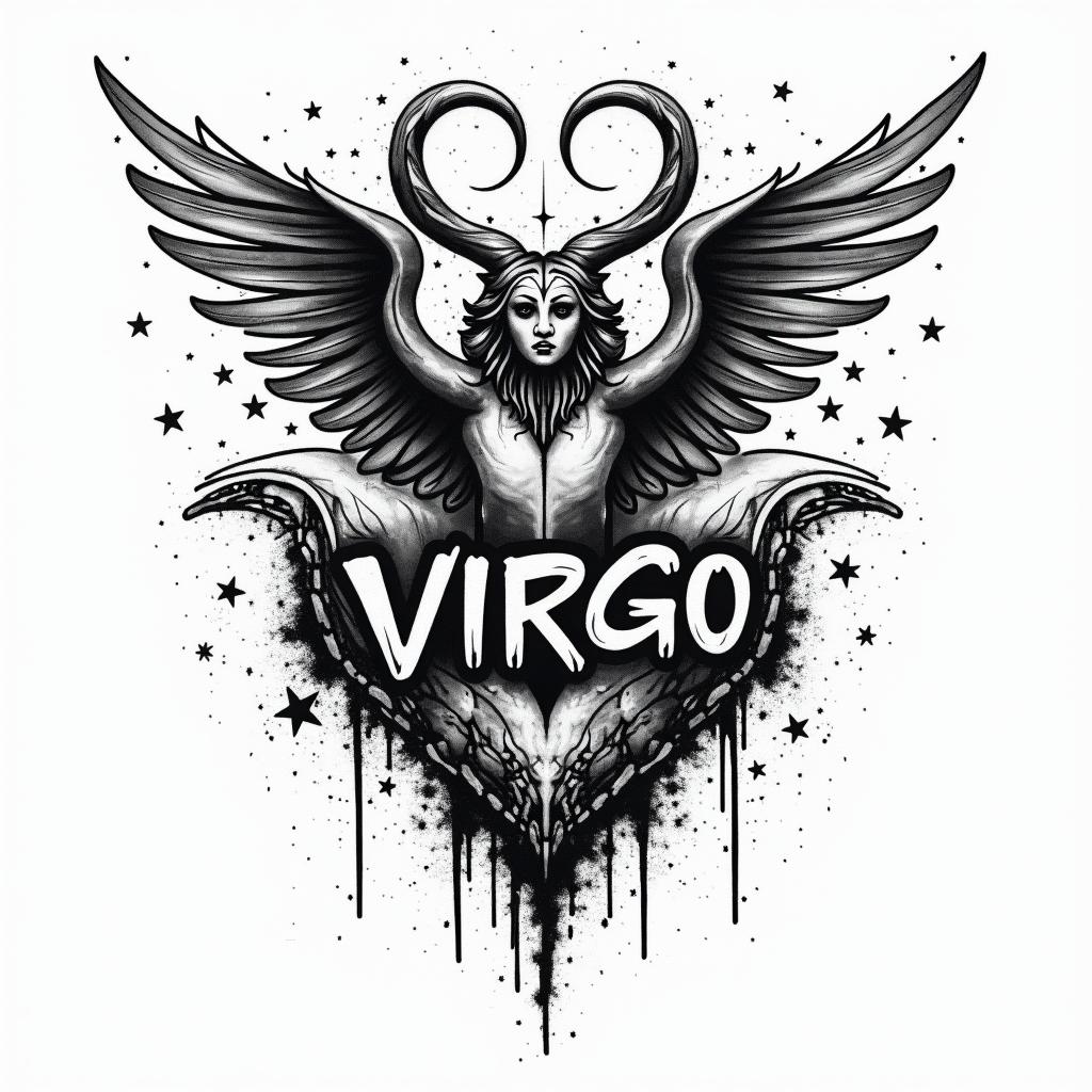 Zodiac sign Virgoin graffiti style tattoo, featuring bold and dynamic street art elements, spray-paint texture with exaggerated lines and expressive, chaotic brushstrokes, intricate lettering incorporated with graffiti tags, symbols like hearts, stars, and wings - Variation 2