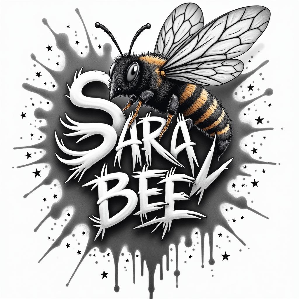 SARA + Honey Beein graffiti style tattoo, featuring bold and dynamic street art elements, spray-paint texture with exaggerated lines and expressive, chaotic brushstrokes, intricate lettering incorporated with graffiti tags, symbols like hearts, stars, and wings
