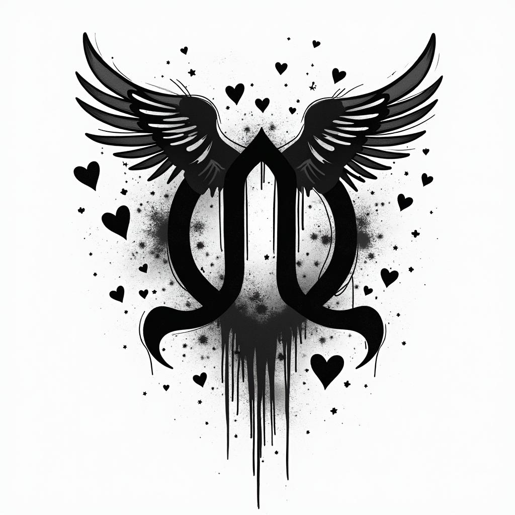 Zodiac sign Virgoin graffiti style tattoo, featuring bold and dynamic street art elements, spray-paint texture with exaggerated lines and expressive, chaotic brushstrokes, intricate lettering incorporated with graffiti tags, symbols like hearts, stars, and wings - Variation 4