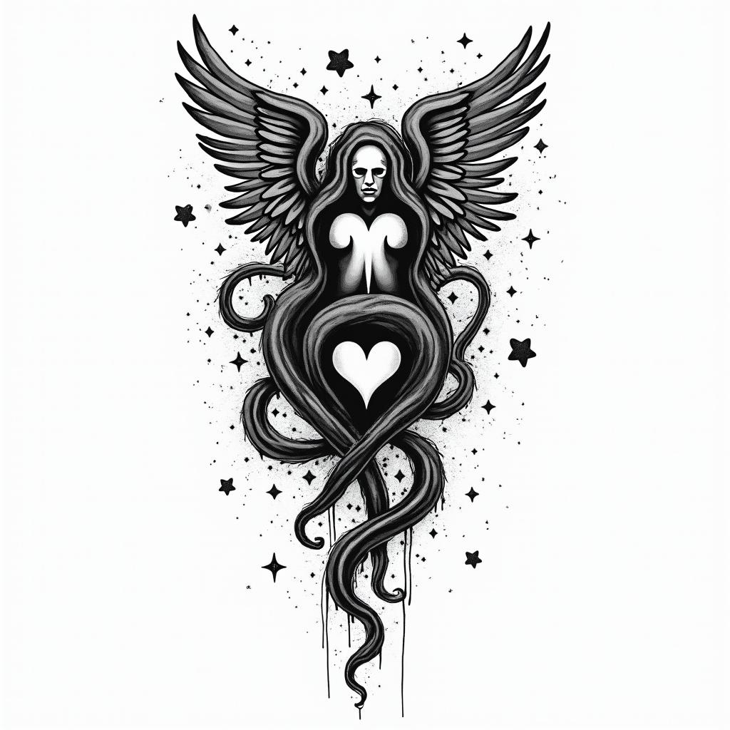 Zodiac sign Virgoin graffiti style tattoo, featuring bold and dynamic street art elements, spray-paint texture with exaggerated lines and expressive, chaotic brushstrokes, intricate lettering incorporated with graffiti tags, symbols like hearts, stars, and wings