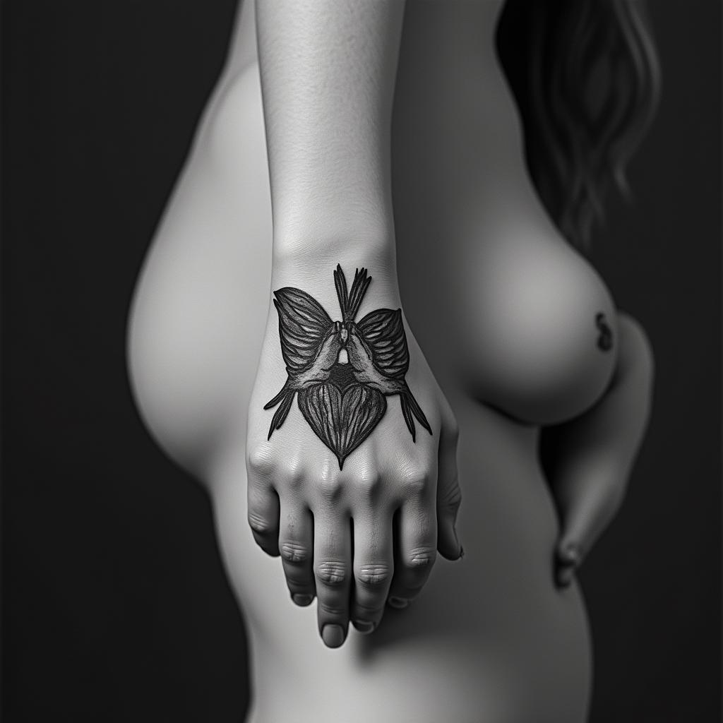 Five babies birds on a hearthigly detailed tattoo - Variation 15