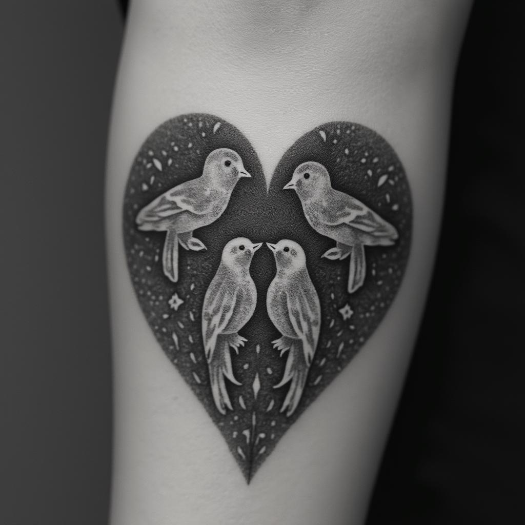 Five babies birds on a hearthigly detailed tattoo - Variation 16
