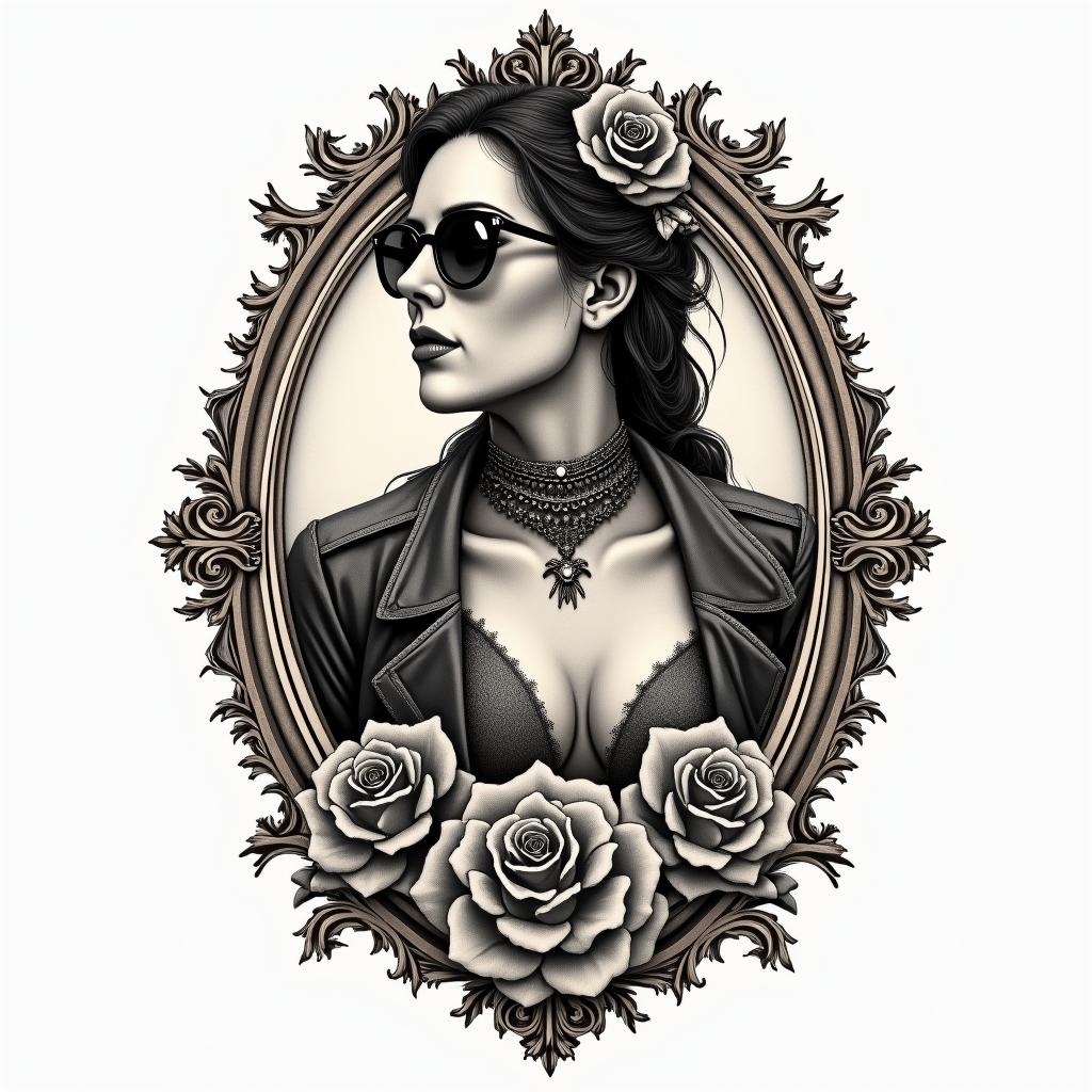 Bikerin victorian style tattoo, featuring vintage and elegant elements, ornate frames, roses, antique, sepia-toned color scheme