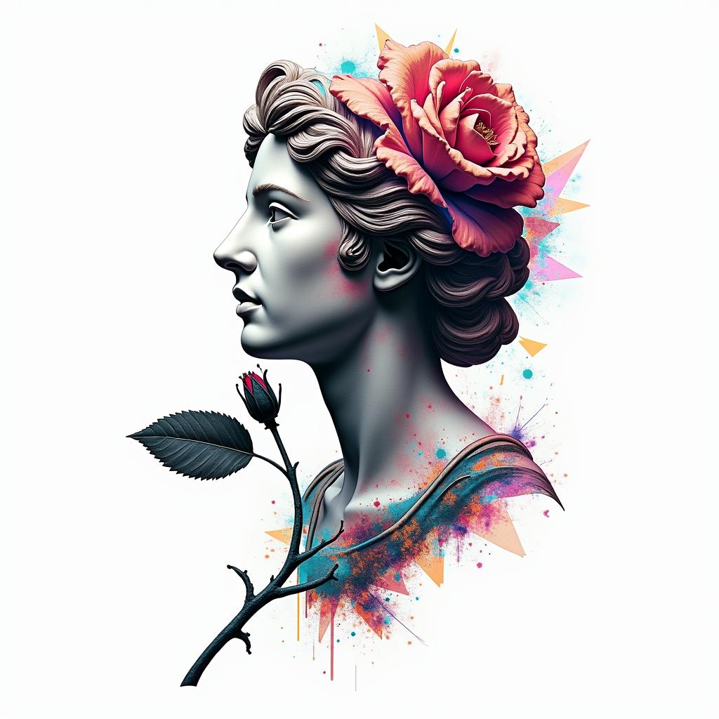 Rose thorny branchin distorted and fragmented tattoo design, featuring a classical statue bust, in a glitch art style with vibrant, overlapping colors of cyan, magenta, and yellow, creating a digital distortion effect - Variation 3