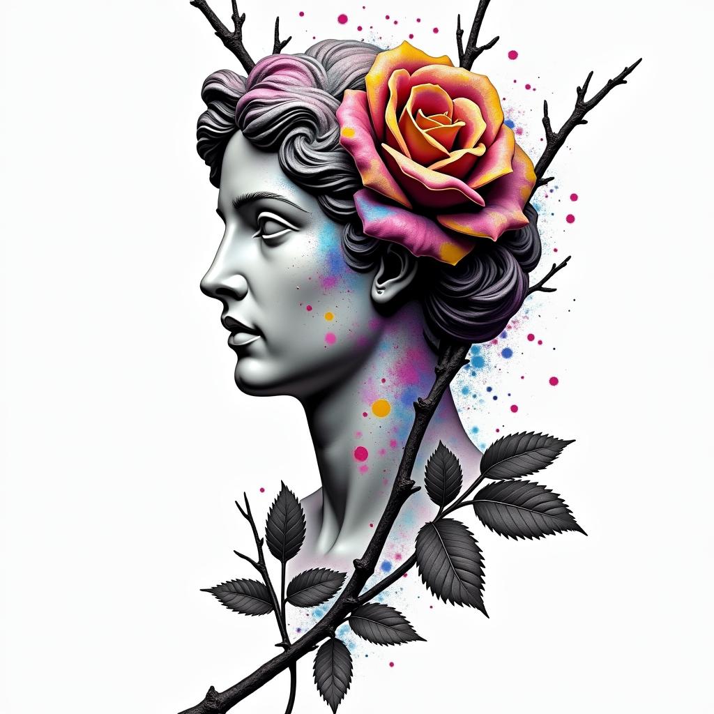 Rose thorny branchin distorted and fragmented tattoo design, featuring a classical statue bust, in a glitch art style with vibrant, overlapping colors of cyan, magenta, and yellow, creating a digital distortion effect - Variation 2