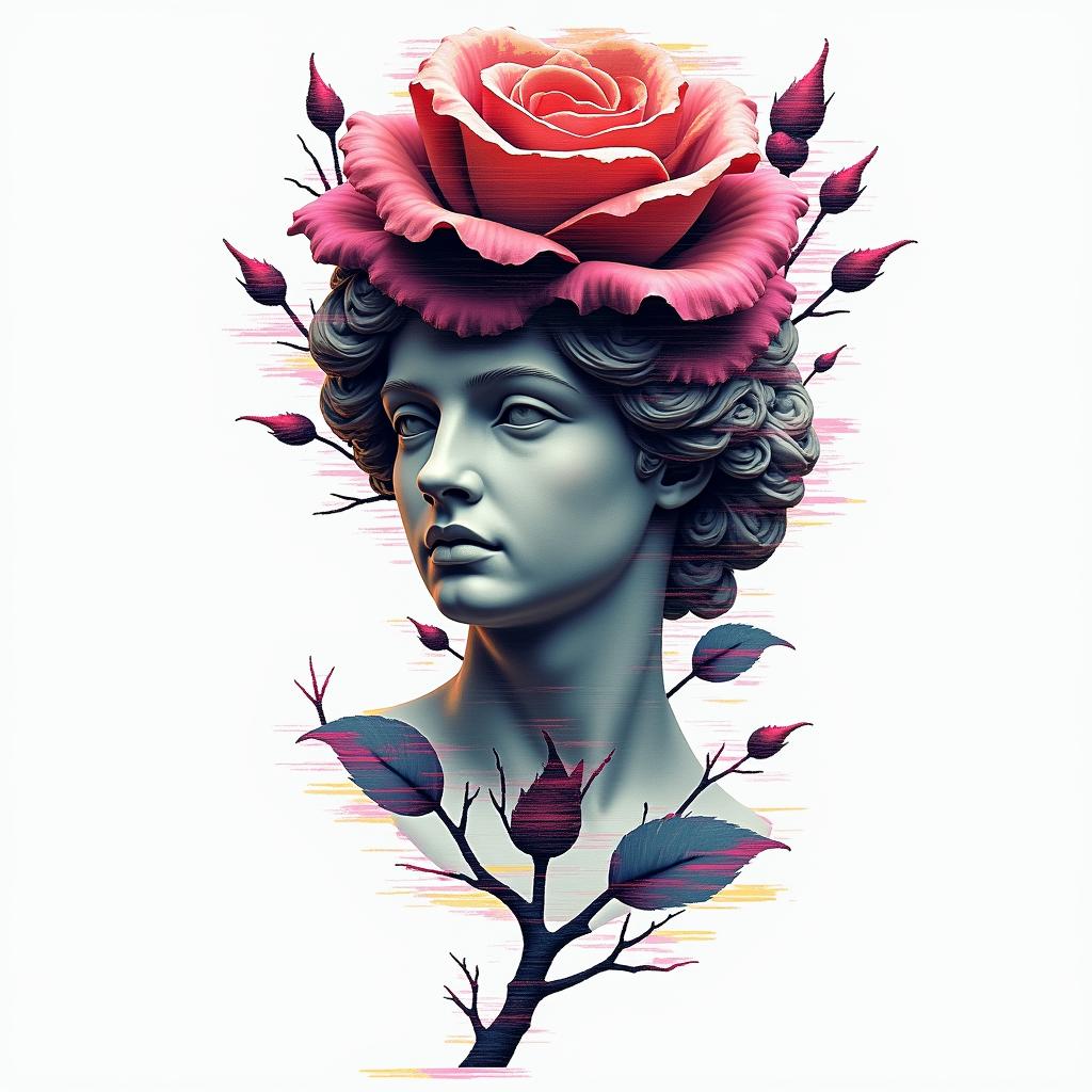 Rose thorny branchin distorted and fragmented tattoo design, featuring a classical statue bust, in a glitch art style with vibrant, overlapping colors of cyan, magenta, and yellow, creating a digital distortion effect