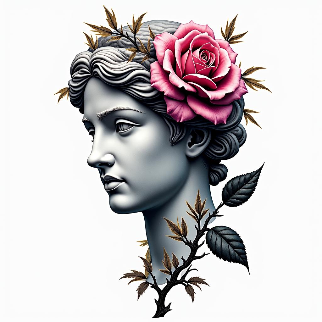 Rose thorny branchin distorted and fragmented tattoo design, featuring a classical statue bust, in a glitch art style with vibrant, overlapping colors of cyan, magenta, and yellow, creating a digital distortion effect - Variation 4